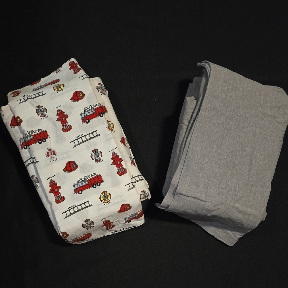 2 Sets of Twin Sheets - Fire Dept. Print & Gray Jersey